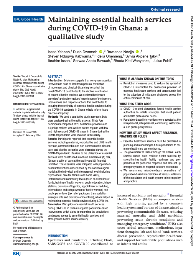 'Disruption of.. health services during COVID-19 in Ghana instigated population-based interventions which aided in expanding the populations’ continuous access to essential health services and strengthened health service delivery.' 📣 New Research ➡️ gh.bmj.com/content/8/Supp…