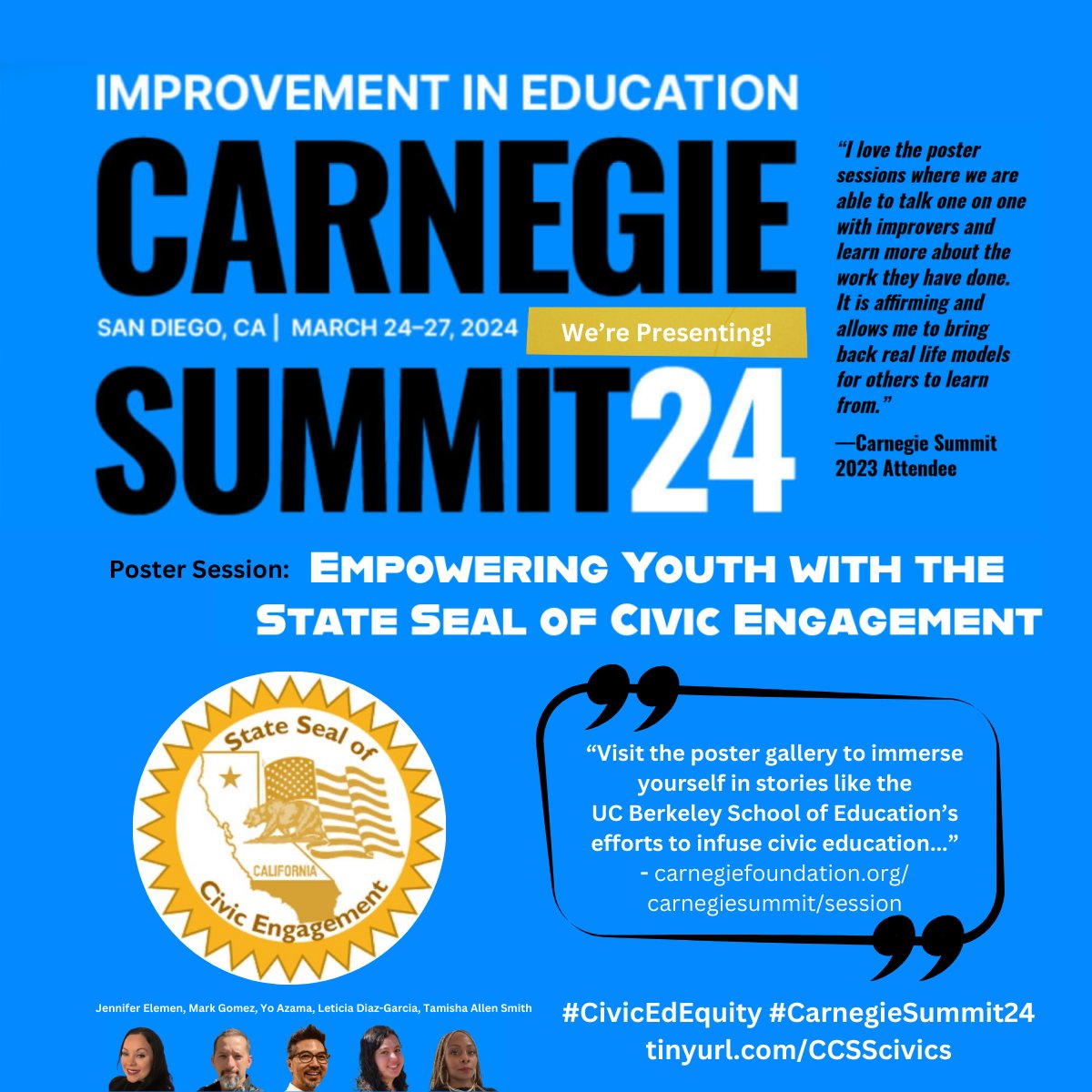 Excited to present at #CarnegieSummit24! 
🔁carnegiefoundation.org/carnegie-summi…
📈21cslacenter.berkeley.edu #LeadingForEquity #ContinuousImprovement #YouthVoice #StateSealofCivicEngagement 
🏅tinyurl.com/CCSScivics #CivicEdEquity