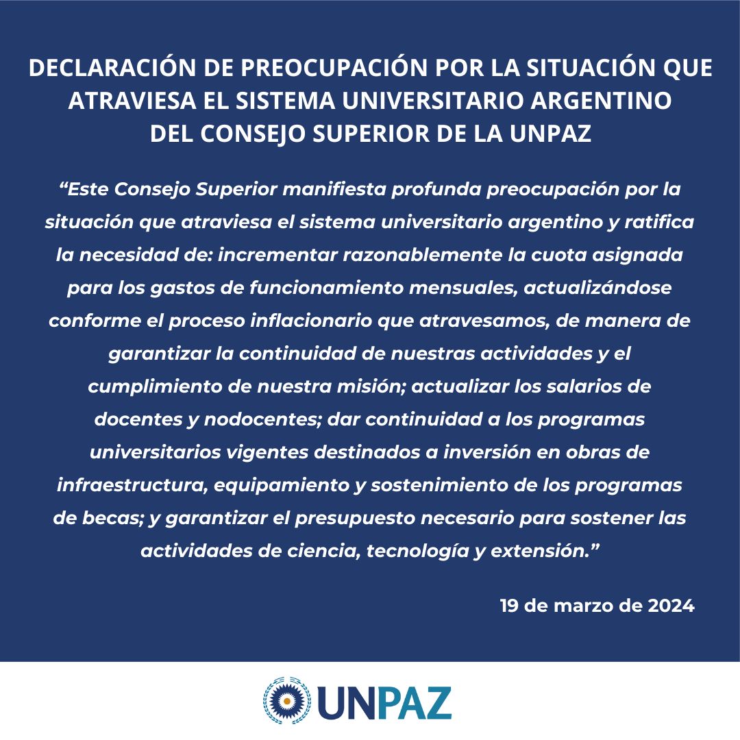 DarioKusinsky's tweet photo. Comparto la declaración de preocupación por la situación que atraviesa el sistema universitario argentino del Consejo Superior de la @UNPAZ_Oficial.
Declaración completa disponible aquí ⬇️
https://t.co/pap3il9tXB https://t.co/2faKgVQLrP