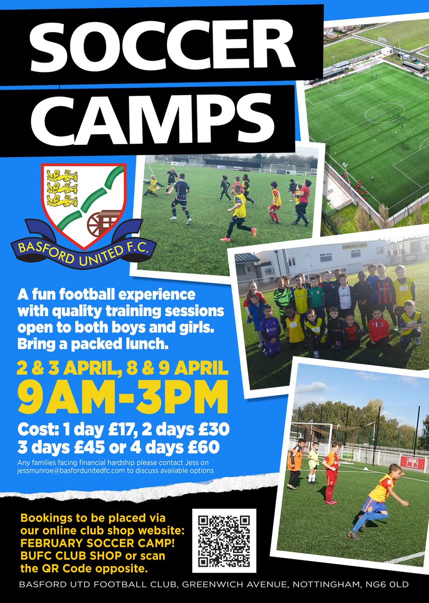 🏕️ Our popular soccer camps are back this Easter starting on the 2nd April! A fun-filled football experience for both boys and girls run by our fantastic team of coaches 🥅 Full details below, and you can purchase via our club shop!👇 🔗 info144678.wixsite.com/website/produc…