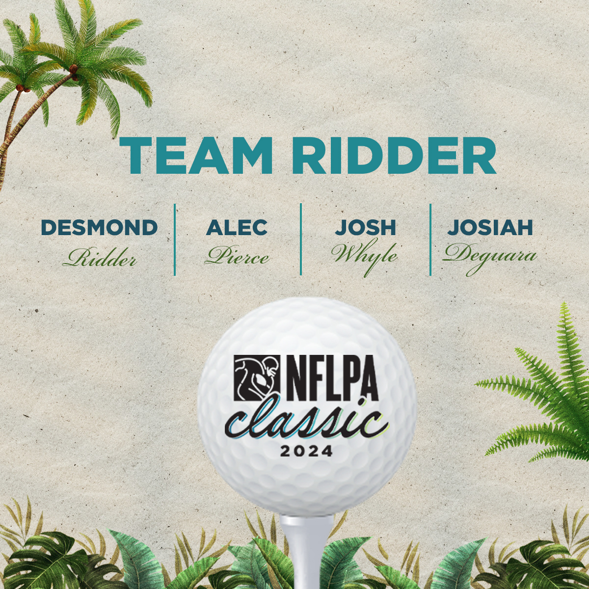 From college teammates to golfing powerhouse. The 16th and final team… 😮‍💨 #NFLPAClassic TEAM RIDDER 🏌️ @desmondridder 🏌️ @alecpierce 🏌️ @JoshWhyle81 🏌️ @JosiahD5