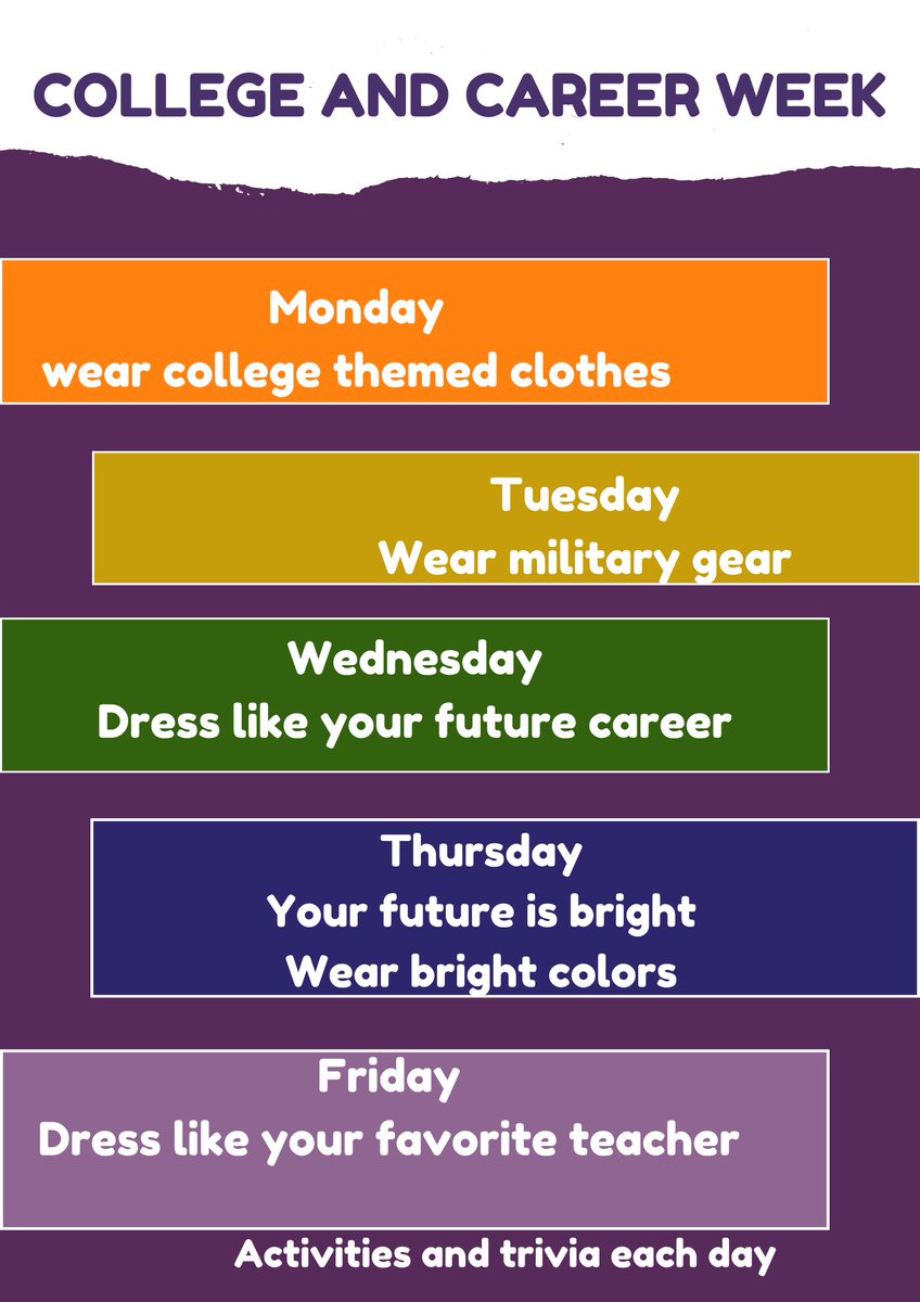 Next week is our College & Career Week at ELE. Here is a list of our themed days if you would like to participate.