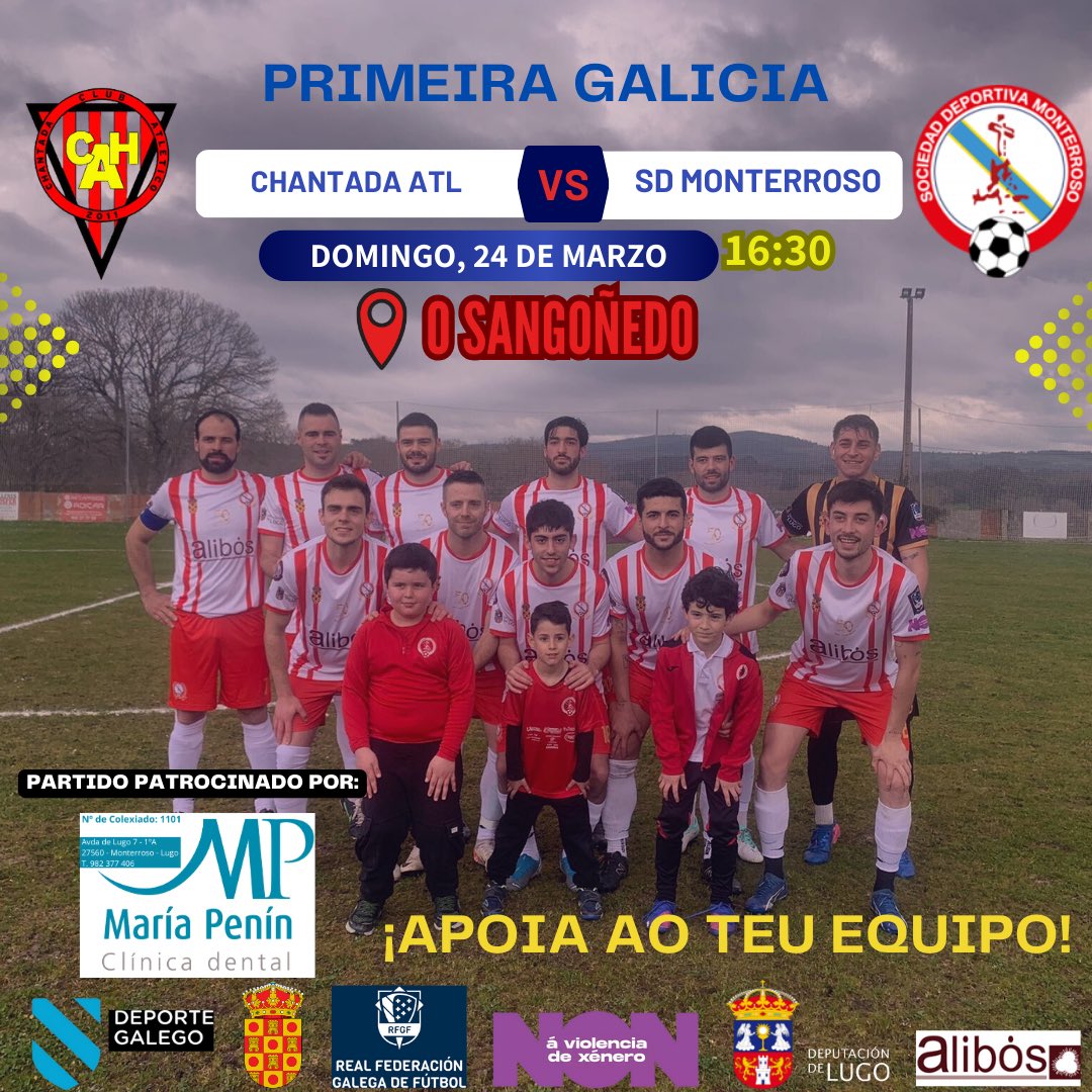 ⚠️ XORNADA 27 ⚠️

➡️ Partido patrocinado por Clínica dental María Penín. Moitas gracias por colaborar con nós ♥️

⚽️ Chantada Atl 🆚 SD Monterroso

🗓️ Domingo 24

🕒 Ás 16:30

📍 O Sangoñedo

♥️🤍 GO REDS 🤍♥️