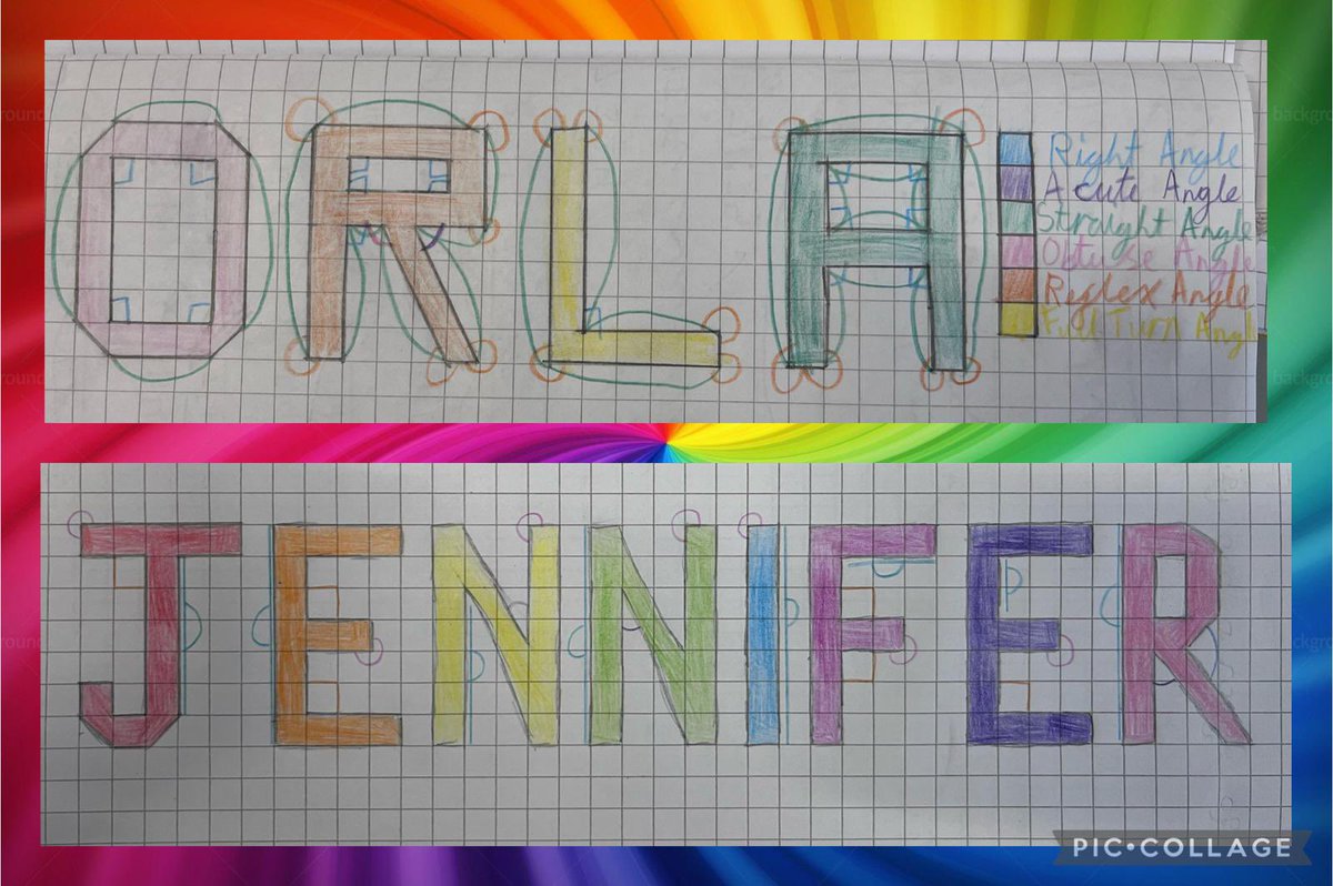 P6b have been working on angles and their sizes. They drew out their names and then identified the angles they could see. #acute #right #obtuse #straight #reflex #fullturn #degrees
