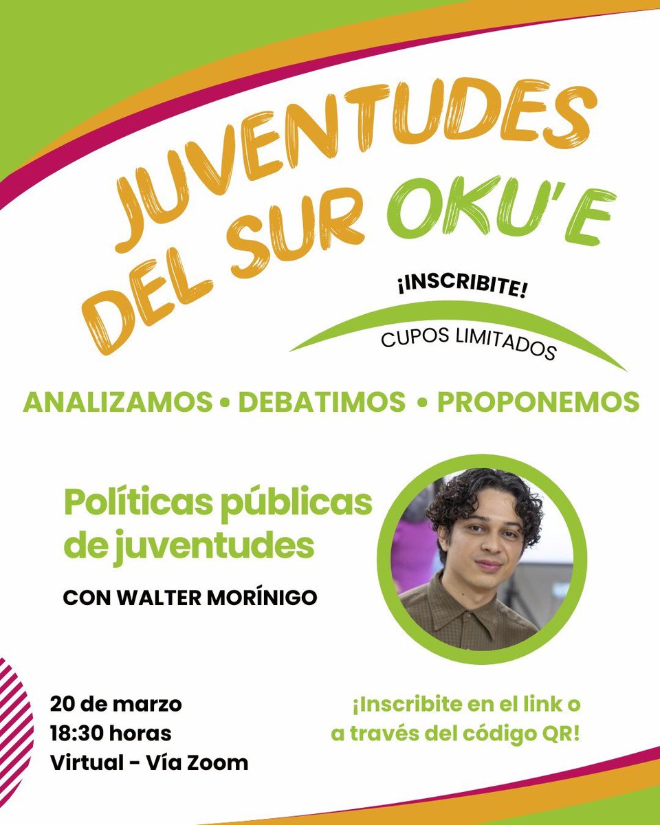 📣 ¡Debate sobre Políticas Públicas y Juventudes! ¿Qué son? ¿Cómo influyen? ¡Queremos tus opiniones! 🗣️ Nos acompaña Walter Morínigo, trabajador social y educador popular.  Regístrate aquí: docs.google.com/forms/d/1SJ-40… #PolíticasPúblicas #Juventud