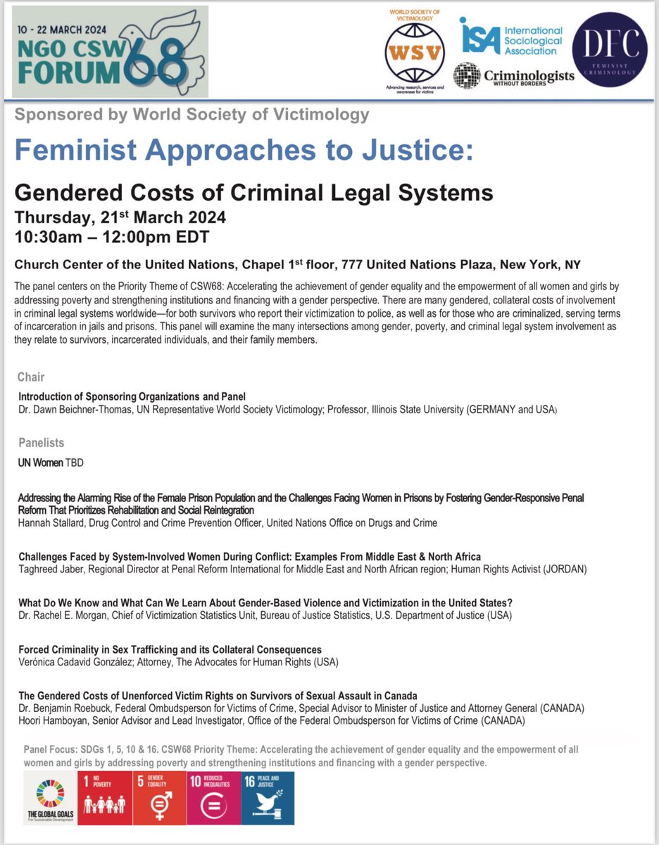 If you are in NYC, join us tomorrow for an international panel on gendered costs of criminal legal systems. <a href="/hannahstallard/">Hannah Stallard</a> <a href="/UNODCNewYork/">UNODC New York Office</a> <a href="/PenalReformInt/">Penal Reform International (PRI)</a> <a href="/BJSgov/">Bureau of Justice Statistics</a> <a href="/The_Advocates/">The Advocates for Human Rights</a> <a href="/CadavidG/">Verónica Cadavid González</a> <a href="/JusticeCanadaEN/">Justice Canada</a> <a href="/WrldSocVictim/">World Society of Victimology</a> <a href="/ISUWGSS/">ISU Women's, Gender, and Sexuality Studies</a> <a href="/ISUResearch/">Research at ISU</a>