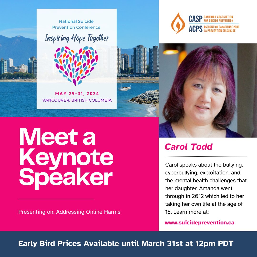 Keynote Speaker Spotlight! We are thrilled to announce Carol Todd will be one of our keynote speakers at the National Suicide Prevention Conference this May! Carol will be presenting on “Addressing Online Harms”Visit bit.ly/4bh0Elx to learn more and register today!