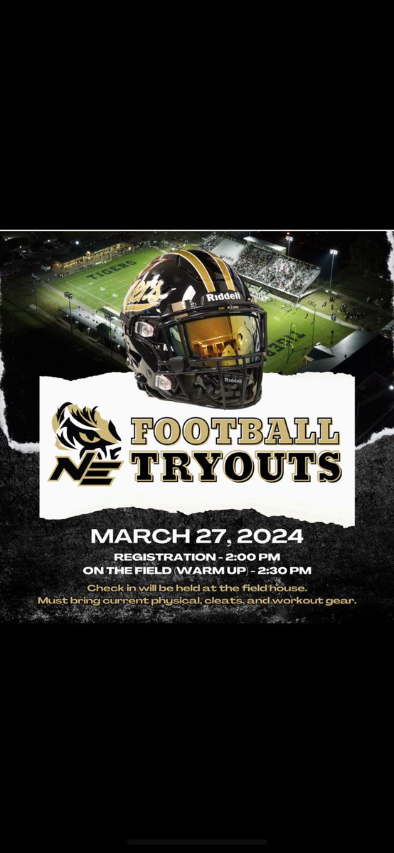 Come see the Tigers next Wednesday for football tryouts! @CoachGDavisFB @CedShell @CoachCampbell37 @CoachUpshaw @ColeRotenberry