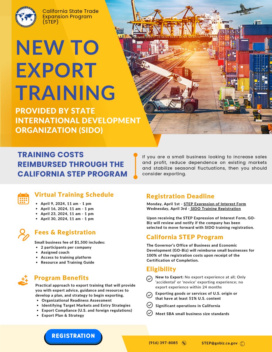 📢#InlandEmpire! Are you a small business that is new to exporting? Register for SIDO’s 'New to Export' Training! @CAGoBiz will reimburse small businesses for 100% of the costs upon receipt of the Certification of Completion. 📍REGISTER NOW! tiny.cc/1w1kxz