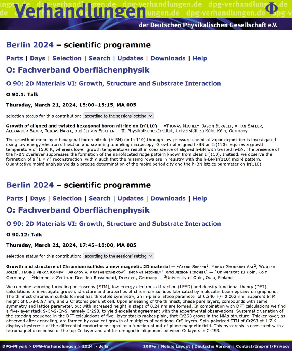 More contributions at #dpg2024 #dpgspringmeeting from our group by Thomas and Affan. Focus on growth of 2D materials, h-BN on Ir(110) and Cr2S3 on graphene. Join to learn more.