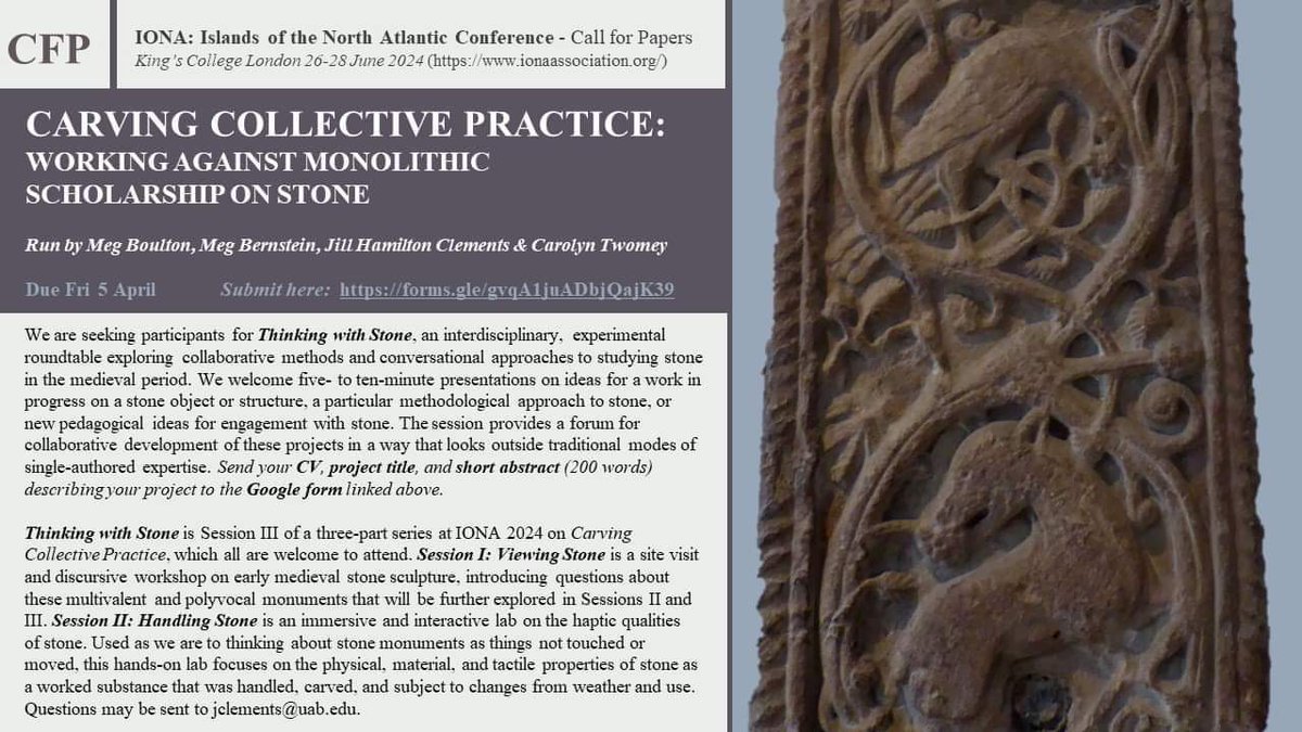 Please share widely! #CFP for the summer #medievaltwitter Working on medieval stone sculpture, or thinking of a new project that deals with stone? Or considering some new methodologies for sculpture or architecture? Join us June 2024 in London at IONA. forms.gle/gvqA1juADbjQaj…
