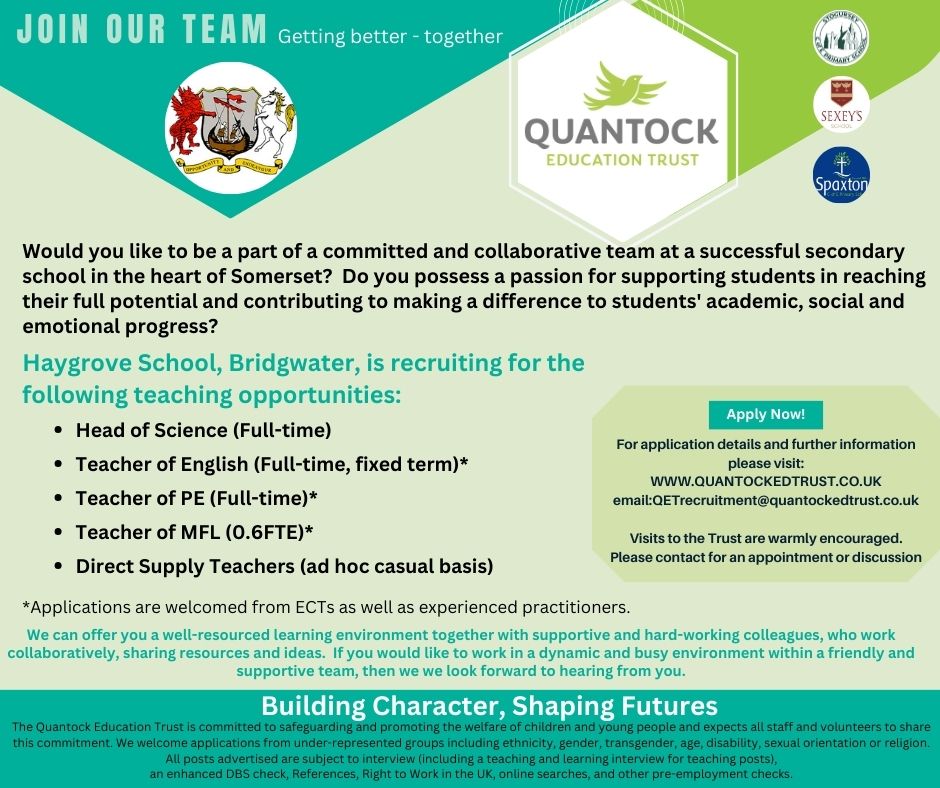 EdQuantock's tweet image. Haygrove School, Bridgwater, is recruiting for some fantastic positions. Could you be their next #HeadofScience? #teachingjobs