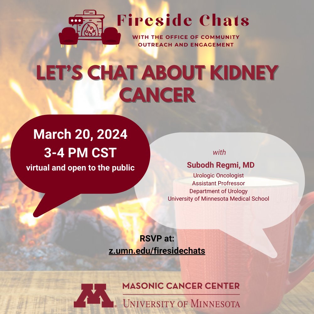Today at 3 p.m.! Tune in for a Fireside Chat dedicated to kidney cancer—including risk factors, symptoms, prevention strategies, and the latest advancements in detection and treatment. Register to join: cancer.umn.edu/coe/fireside-c….