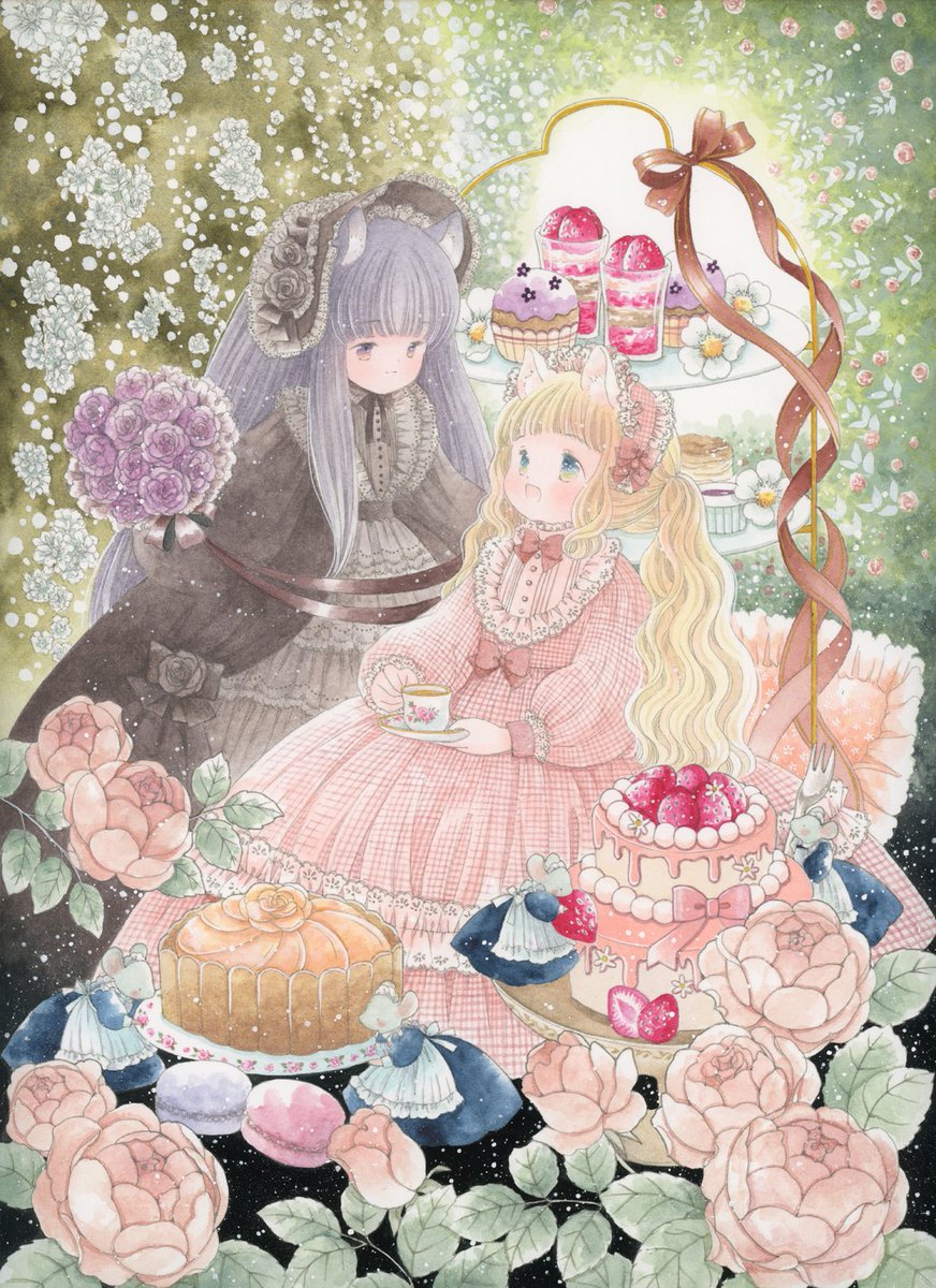 「ご依頼で描いた作品です薔薇園でお茶を 」|神谷かおり🌸ドローイングモール🌸羽根としっぽ展🌸アリス展🌸コミティアのイラスト