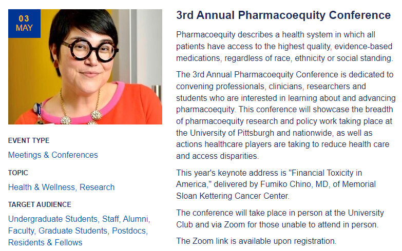 Honored to speak at the #Pharmacoequity2024 Conference!
Join us in person or online to discuss the affordability gaps which drive inequities in medicine. We will highlight #pharmacoequity solutions from policy to practice.
📅Friday, May 3
⏰8AM to 2PM ET
📍calendar.pitt.edu/event/3rd_annu…