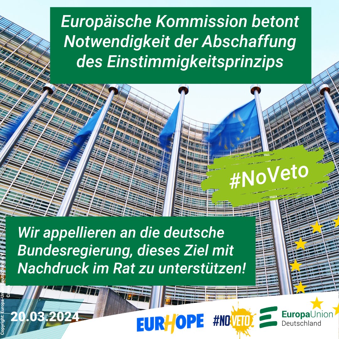 Hoffnung für Europa: Die @EU_Commission hat heute mit Nachdruck auf die Notwendigkeit hingewiesen, die Einstimmigkeitsregel im Rat der EU abzuschaffen, um auch künftig die Einigkeit und Handlungsfähigkeit der EU zu gewährleisten.#NoVeto #EurHope 👉Meldung: europa-union.de/ueber-uns/meld…