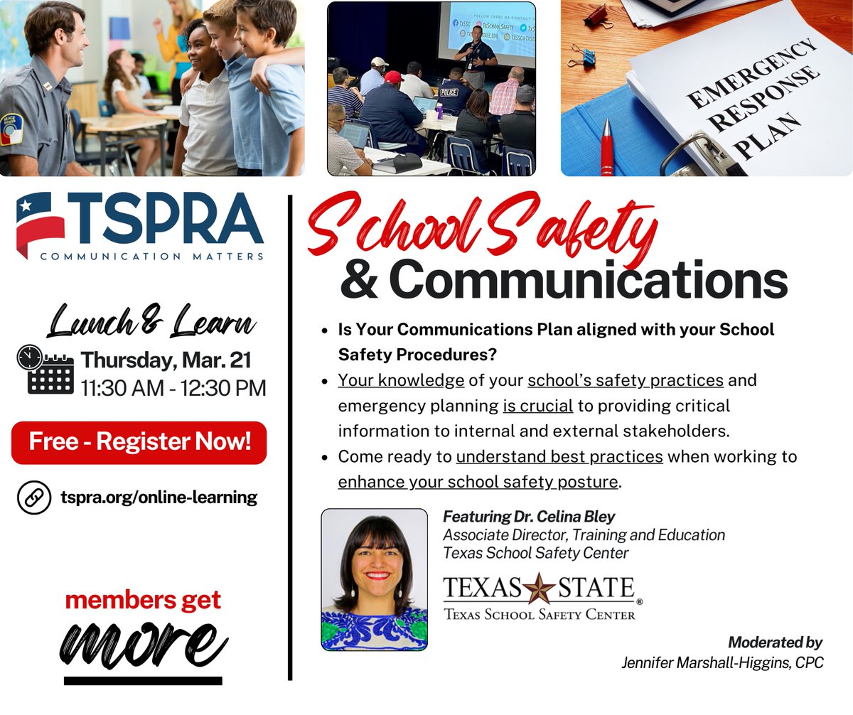 Is your communications plan aligned with your school’s safety procedures? Join the TSPRA Lunch & Learn tomorrow with Celina Bley @TxSchoolSafety Register here >> tspra.org/online-learnin…