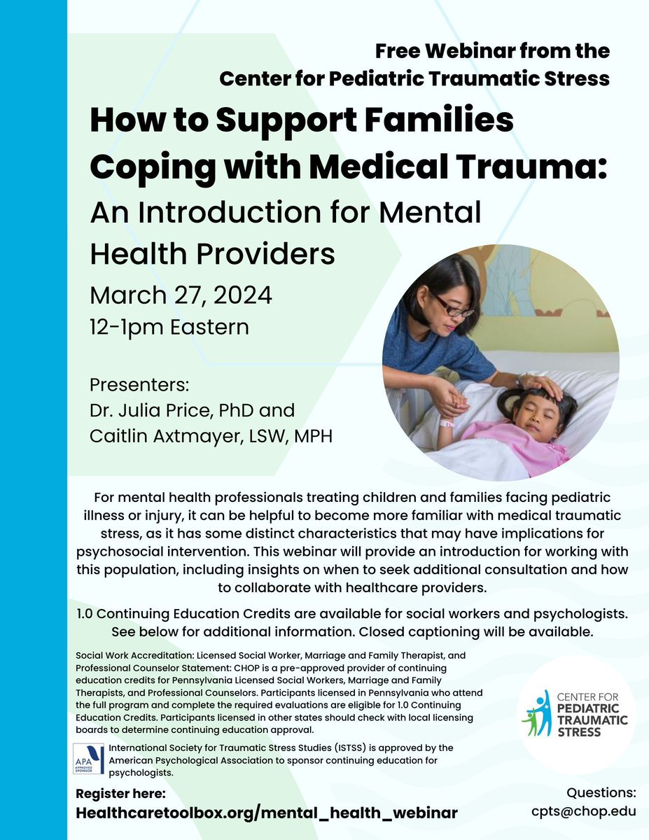 Just ONE WEEK until our free webinar, 'How to Support Families Coping with Medical Trauma: An Introduction for Mental Health Providers.' Join us next Wednesday, March 27 from 12-1pm EDT. See flyer for CEs available. More information & registration: buff.ly/3Iq1tLJ