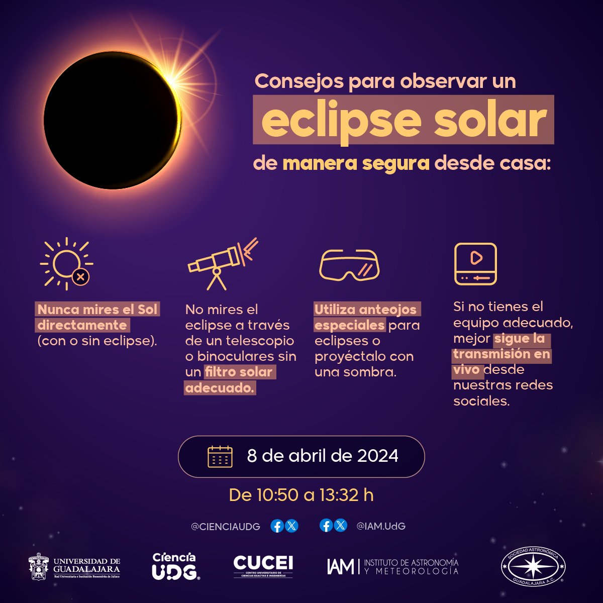CienciaUDG's tweet photo. ☀️🌑🌎 Aquí te dejamos algunos tips para ver el #eclipse de manera segura desde casa 🏠.

Si no cuentas con el equipo adecuado, puedes verlo de manera virtual 🧑‍💻👇

🔴🎥 El @iam_cucei_udg hará la transmisión #EnVivo desde sus redes sociales.

#CienciaUDG #ComunidadUDG #Astronomía https://t.co/6gip1LN99D
