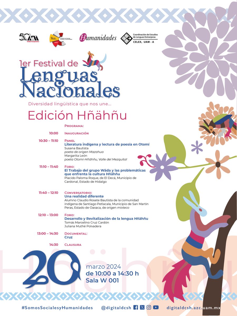 digitaldcsh's tweet photo. ¡Únete al 1er Festival de Lenguas Nacionales: Diversidad lingüística que nos une! ✨
La División de Ciencias Sociales y Humanidades te invita cordialmente a participar en la Edición Hñähñu. 
20 de marzo
10:00 a 14:30 h
W 001
No te lo pierdas.
#FestivalLenguasNacionales 📷📷 https://t.co/KkUUo2kua8