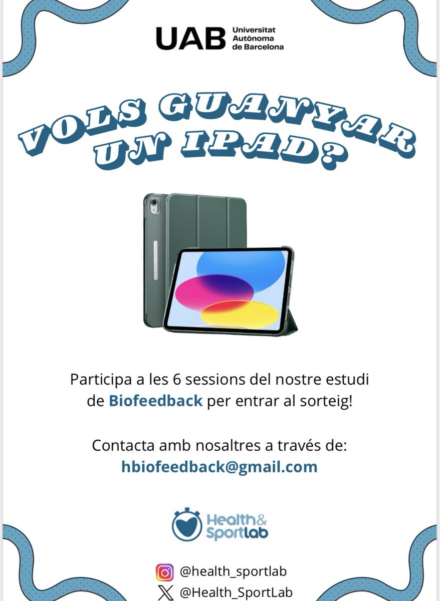 Vols guanyar una iPad 10'9" ? Participa a les 6 sessions del nostre estudi de Biofeedback (sobre gestió emocional i respiració) a la facultat de psicologia per entrar al sorteig! 

forms.gle/zXyzUUv4ZbmXYs…