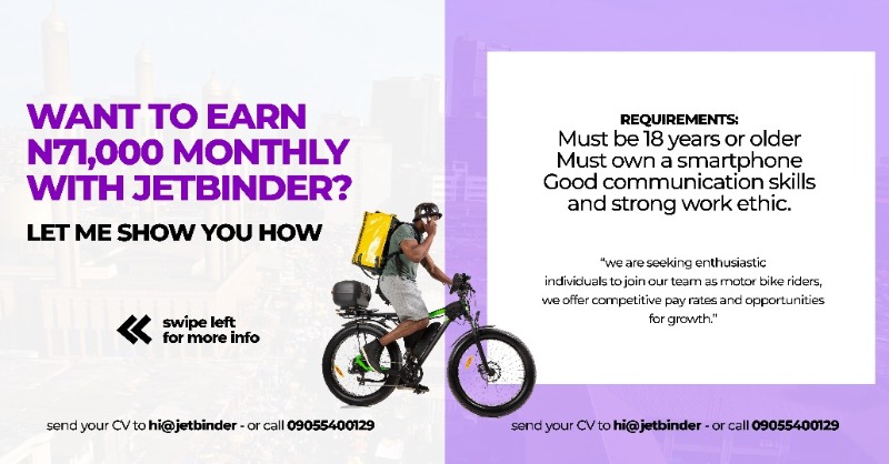 jetbinder's tweet photo. Dispatch Riders Needed In Lagos
1. Must know how to rider a motorcycle not a bicycle
2. Understands the street of Lagos https://t.co/9vRihXl4Zx