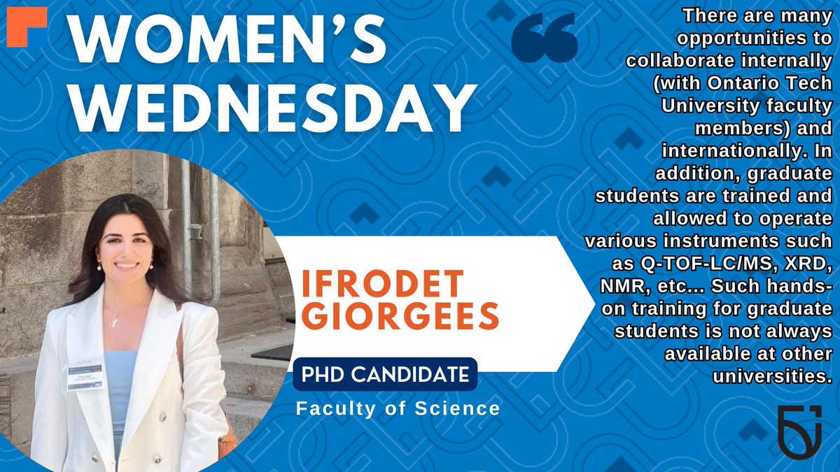 Ifrodet Giorgees is a PhD Candidate in @OT_FSc developing a new tool for theranostic applications in personalized cancer treatments, combining gene silencing and imaging through siRNA and corrole molecules. Read more: inclusive.ontariotechu.ca/women-in-resea… #WomensWednesday #WomenOfOntarioTech
