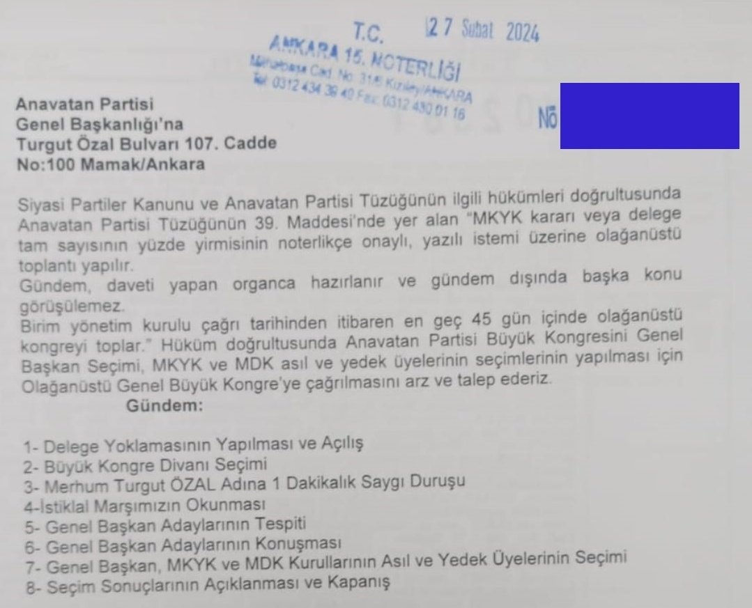 Bugün itibari ile Anavatan Partisi delegele yeter oyları ile olağanüstü kongre kararını tebliğ ederek yeni bir sürece girmiştir.