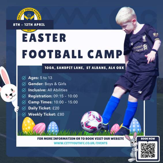 🔵 @CityYouthFC Easter 🐣 Camp🟡 Monday 8th to Friday 15th April ⚽️ Boys & Girls✅ ⚽️5️⃣to1️⃣3️⃣ ⚽️ Led by our own @menspirehair coaches✅ ⚽️ Fun✅ ⚽️Friends✅ ⚽️Football✅ Full details and booking 👇 cityyouthfc.co.uk/events/st-alba… 📧 Charlie.Boswell@cityyouthfc.com