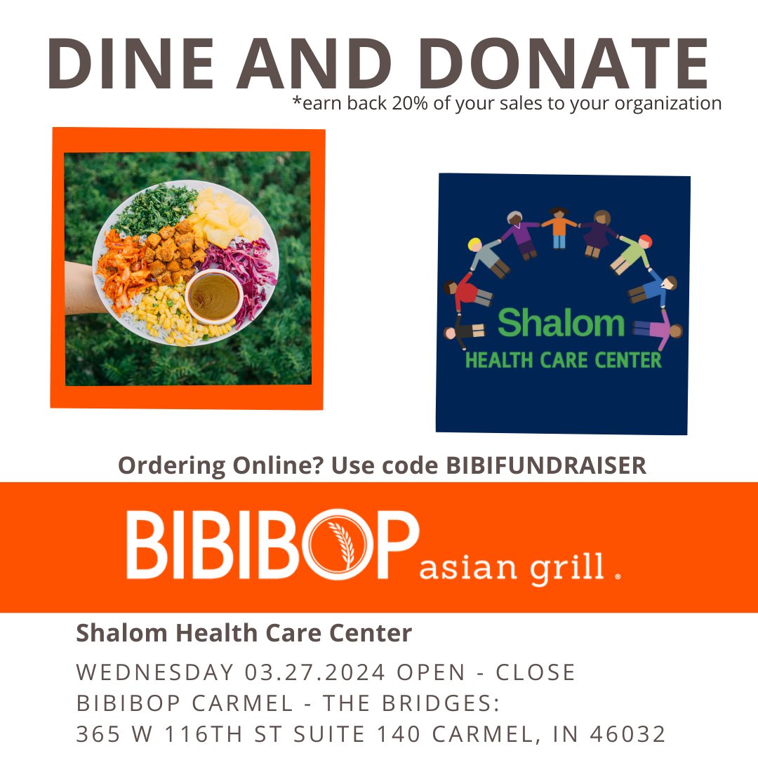 Bring your friends, family, and appetite for a memorable dining experience that makes a difference! Don't miss out on this opportunity to enjoy great food while giving back to the community. See you there! 🥢 
#ShalomHealthIndy #DineAndDonate #CommunitySupport