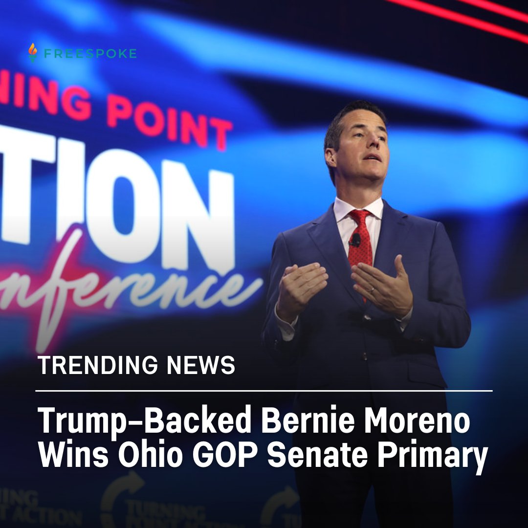 Bernie Moreno, a Cleveland businessman endorsed by Donald Trump, won Ohio’s raucous Republican Senate primary last night and will face Democratic Sen. Sherrod Brown in the fall. See the full story at search.freespoke.com/3INd2N2