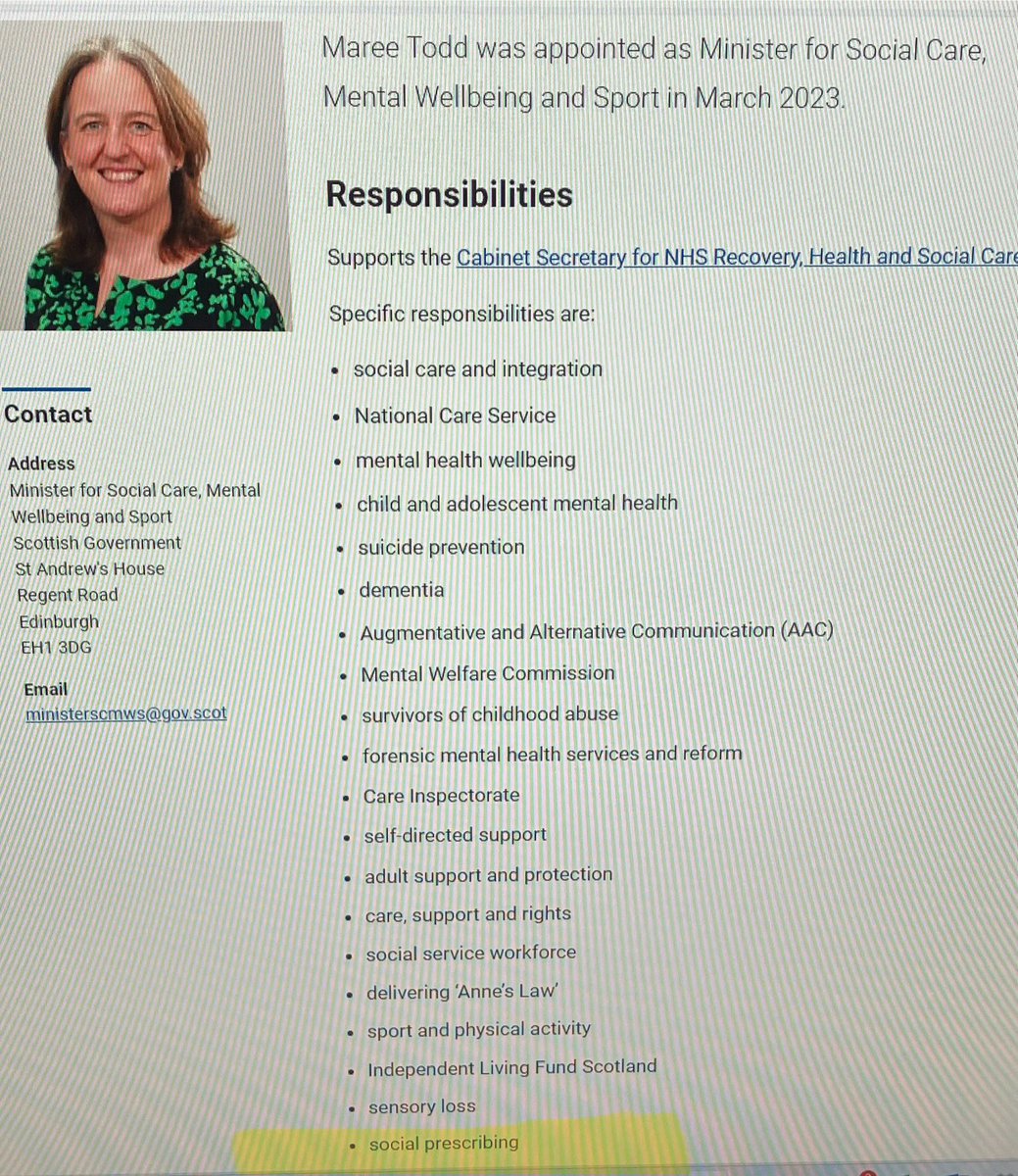Scottish Social Prescribing Network (@scottishspn) on Twitter photo Delighted to see social prescribing officially listed as a Ministerial responsibility under <a href="/MareeToddMSP/">Maree Todd</a> ππππ Delighted to see social prescribing officially listed as a Ministerial responsibility under <a href="/MareeToddMSP/">Maree Todd</a> ππππ