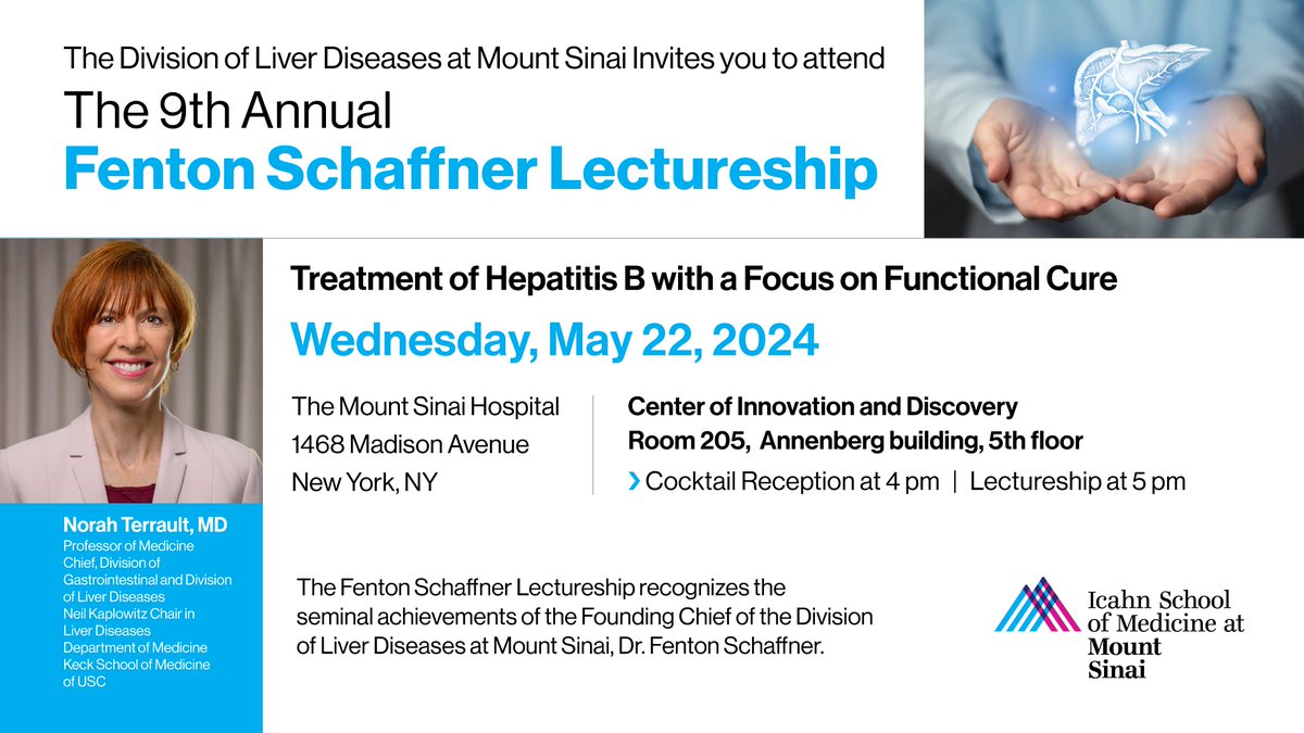Join us for the annual Fenton Schaffner Lectureship on May 22, 2024, honoring Dr. Fenton Schaffner's contributions to Liver Diseases at Mount Sinai. Cocktail at 4 pm, lectureship at 5 pm. This year's awardees: Dr. Norah Terrault presented by Dr. Meena Bansal.