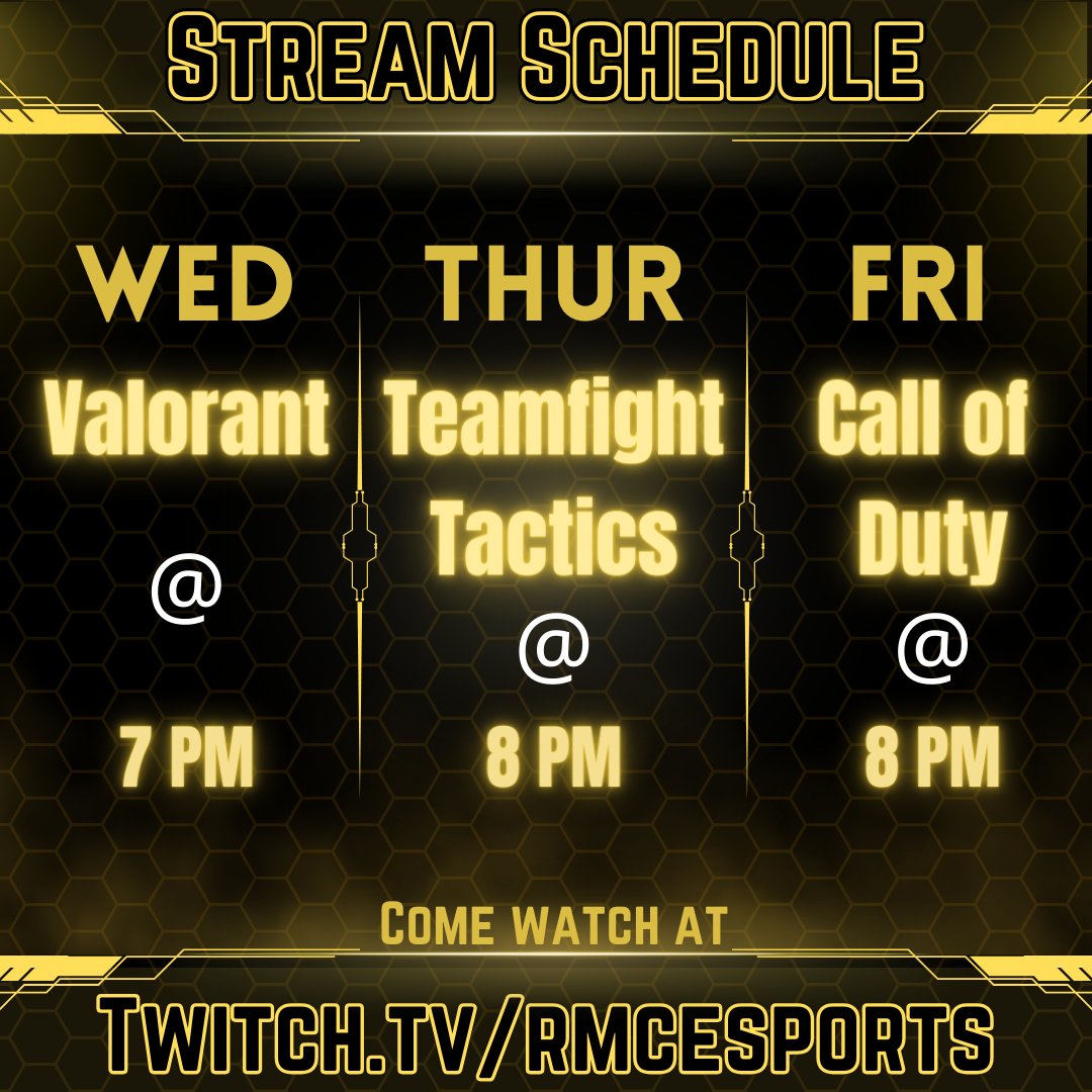 Quality over quantity this week. Come stop by

#RMCEsports #esports #videogames #gaming #twitch #streaming #ECAC #NACE #valorant #tft #cod