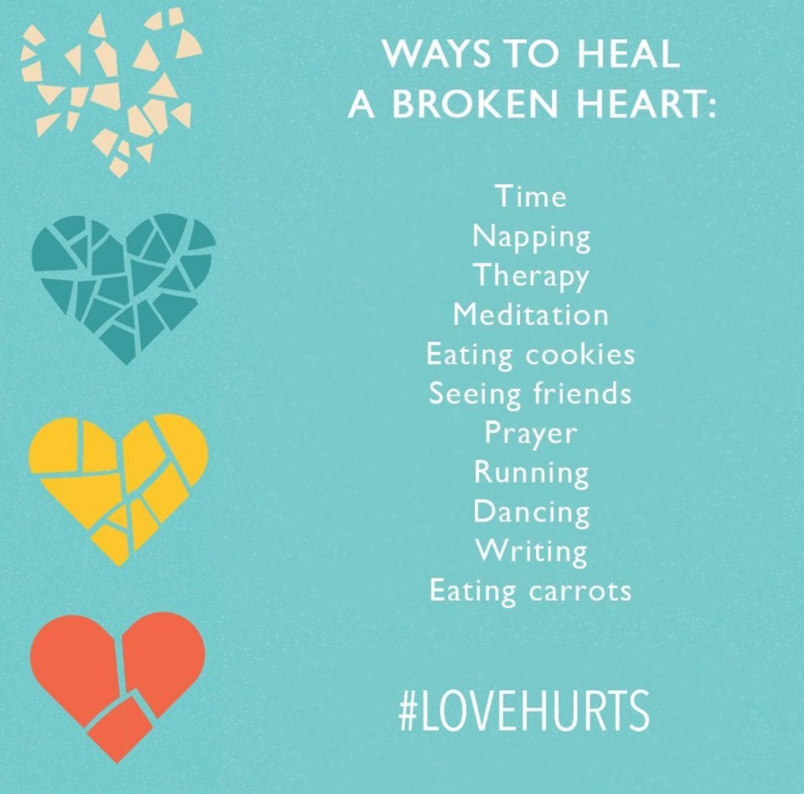 Back when I was researching heartbreak for my book LOVE HURTS I was heard about many forms of healing people would partake in when feeling broken hearted. Also, my class, The Broken Hearts Club, launches March 27th if you’re going through it right now: lodrorinzler.com/heartbreak