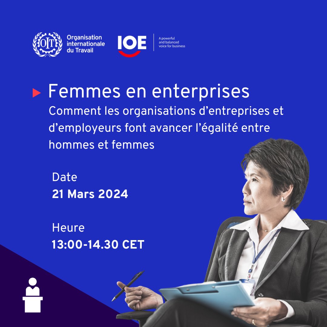 🔵 Comment les orgs. d'entreprises et d'employeurs font avancer l'#égalité entre hommes & femmes dans le monde du #travail 🔷 Dialogue virtuel organisé par l'#OIT-ACT/EMP & @oievoix sur les #femmes en #entreprise le 21 mars 2024. 👉 #Infos & Inscription: vu.fr/axUQk