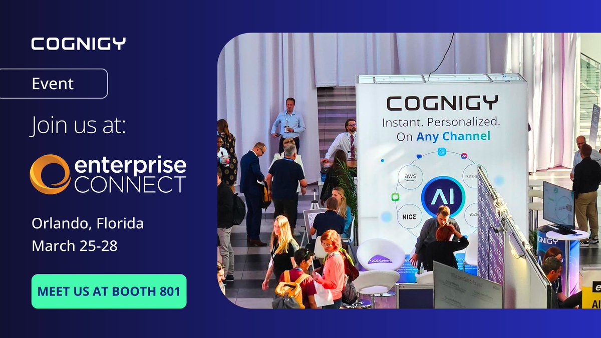 📢 We're attending #EnterpriseConnect2024, March 25-28, in Orlando, FL. Come and connect with us at Booth #801! Discover the future of customer service with Cognigy and learn how our AI Agents are transforming customer experiences. Find out more: hubs.la/Q02q7XHs0