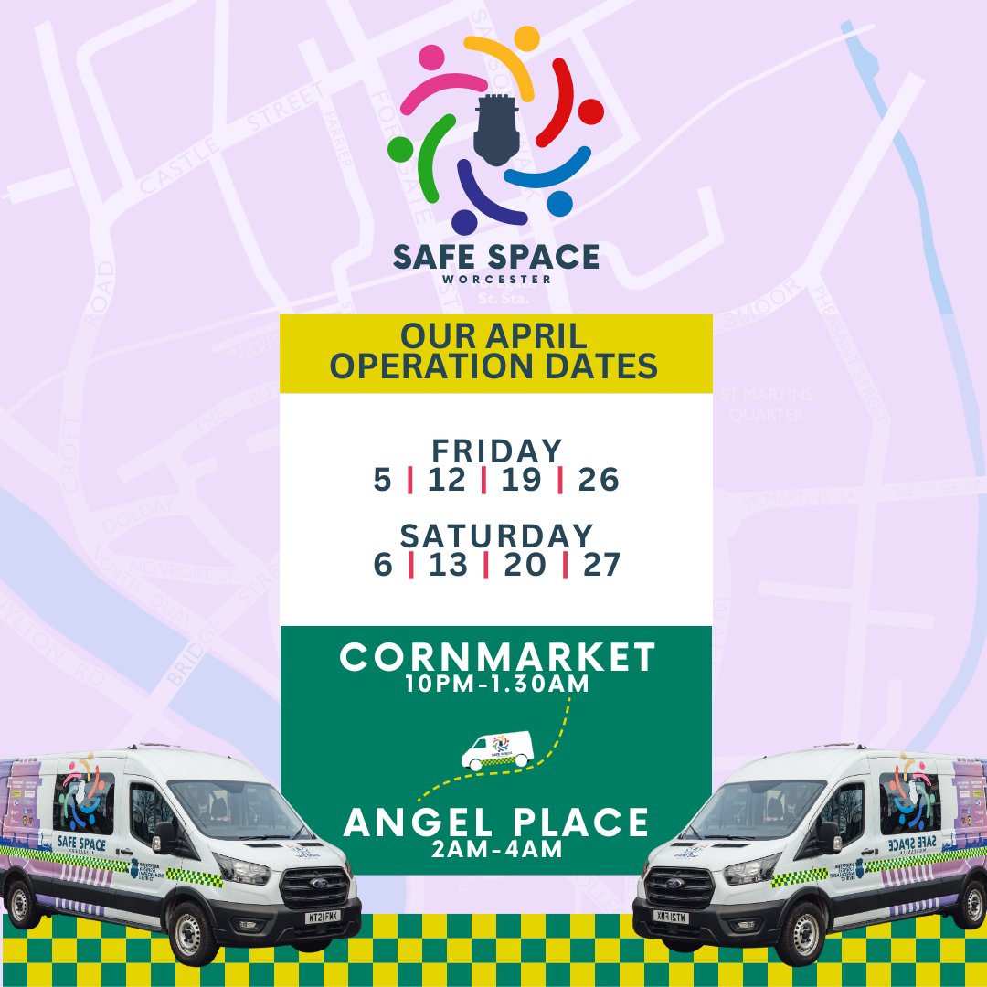 safespaceworc's tweet photo. During April we will be out on 8 nights.
Save this helpful image if you are going out in Worcester to know where we will be positioned and when.
Free to all, no judgement.
#makingworcestersafer #supportingoperations #ourbusinesscommunity #worcestershirehour https://t.co/aZ8lCxJQMz