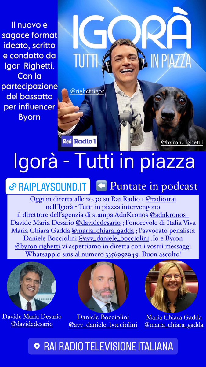 Oggi in diretta alle 20.30 su #RaiRadio1 nell'Igorà - Tutti in piazza intervengono il direttore dell’agenzia di stampa AdnKronos Davide Maria Desario @davidedesario ; l’onorevole di Italia Viva Maria Chiara Gadda @McGadda ; l’avvocato penalista Daniele Bocciolini @AvvDBocciolini