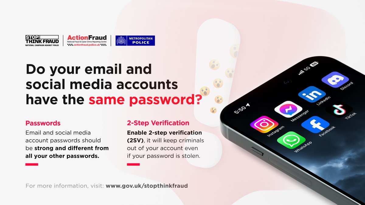 ⚠️ Using the same password for multiple accounts? Criminals only need to steal one of your passwords to hack into accounts. ✅ Email and social media account passwords should be strong and different. For more info visit: stopthinkfraud.campaign.gov.uk/protect-yourse… #TurnOn2SV #CyberProtect