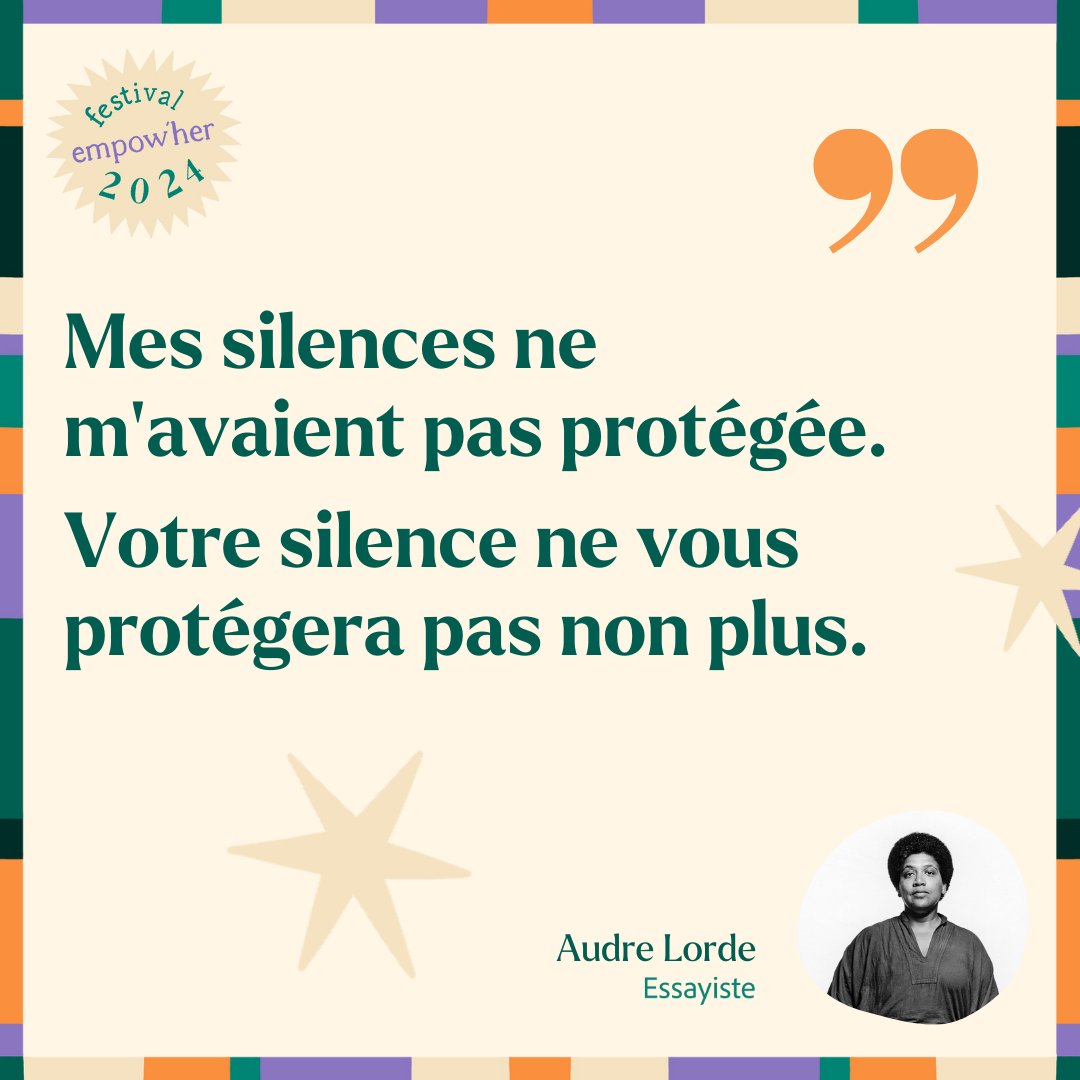 En 1977, la poétesse et essayiste américaine Audre Lorde, engagée contre le racisme, le sexisme et l'homophobie, soulignait l’importance du passage du silence au langage, puis à l’action ✊🏾 Ça vous parle ? Rdv 19, 20 et 21 avril au @104paris ! #empowher #agirpourunmondefeministe
