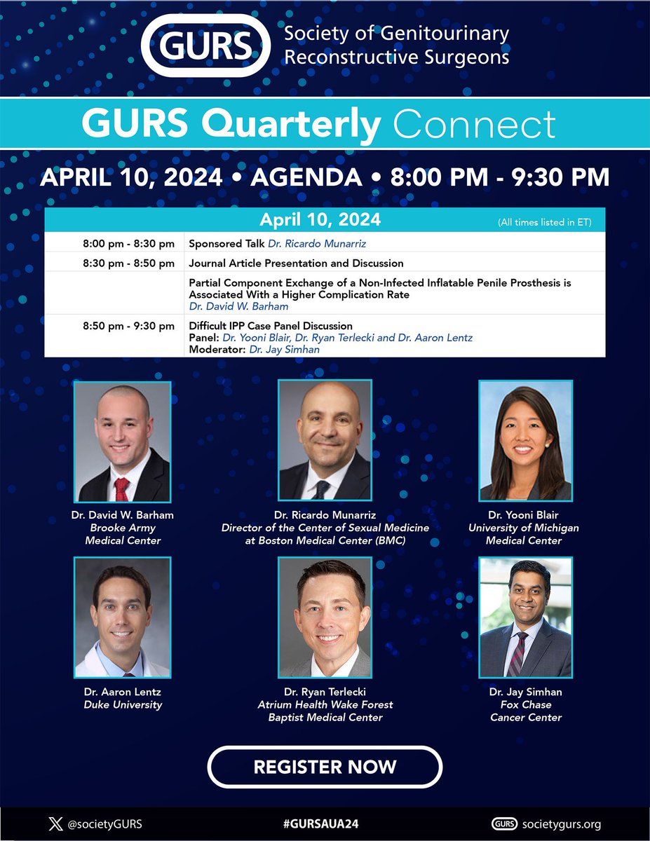 Register today for the inaugural #GURS Quarterly Connect on April 10 at 8pm ET!
Join us to learn about the latest research and connect with peers in #reconstructiveurology.

Don't Miss Out, Register Now: buff.ly/3PjiCe0

#GURSQConnect