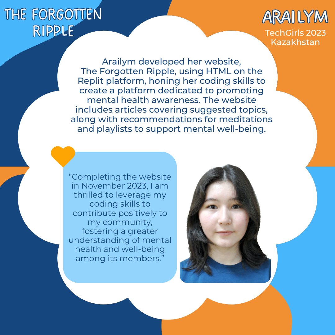 Happy #InternationalDayofHappiness! Today, we are highlighting 'The Forgotten Ripple', a project by Arailym, a 2023 TechGirl from Kazakhstan. Making well-being a priority is essential for discovering happiness! #TechGirlsGlobal #TechGirls2023 @ECAatState @USembassyKAZ