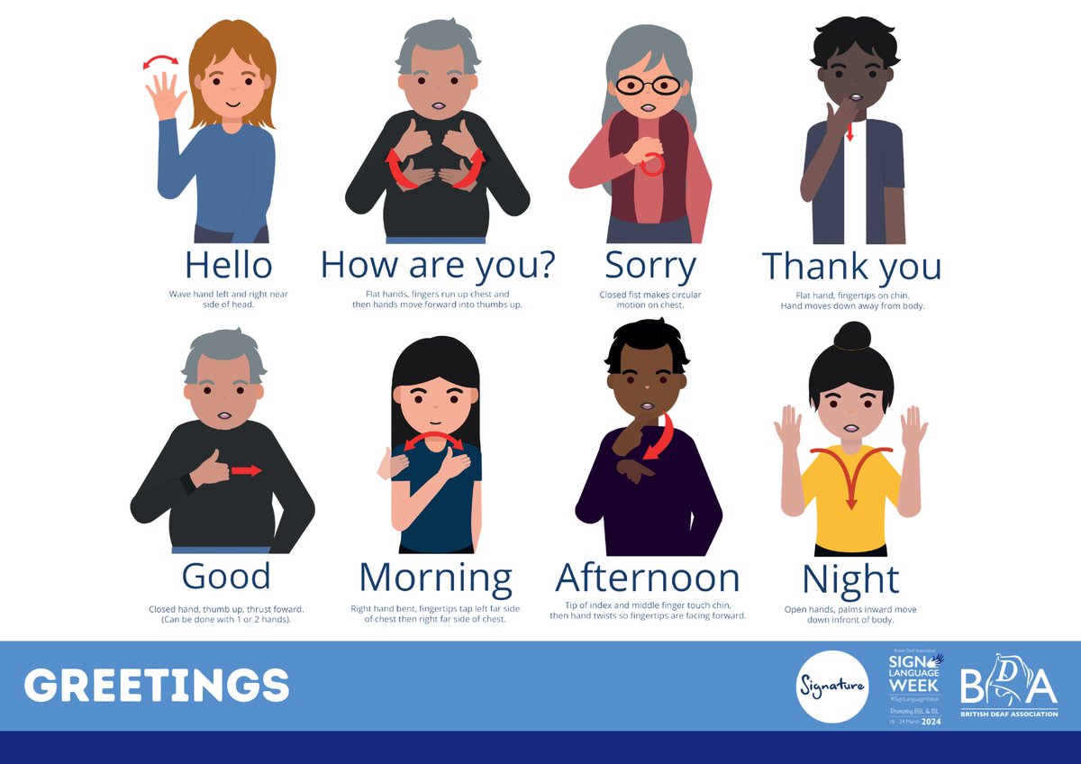👋 New to BSL/ISL? Open up new conversations with your families, colleagues, customers and more using this useful sign language greetings guide! Small changes can make a big difference in your everyday communications. #SignLanguageWeek #GoBlueforBSL #GoBlueforISL #SignVideo