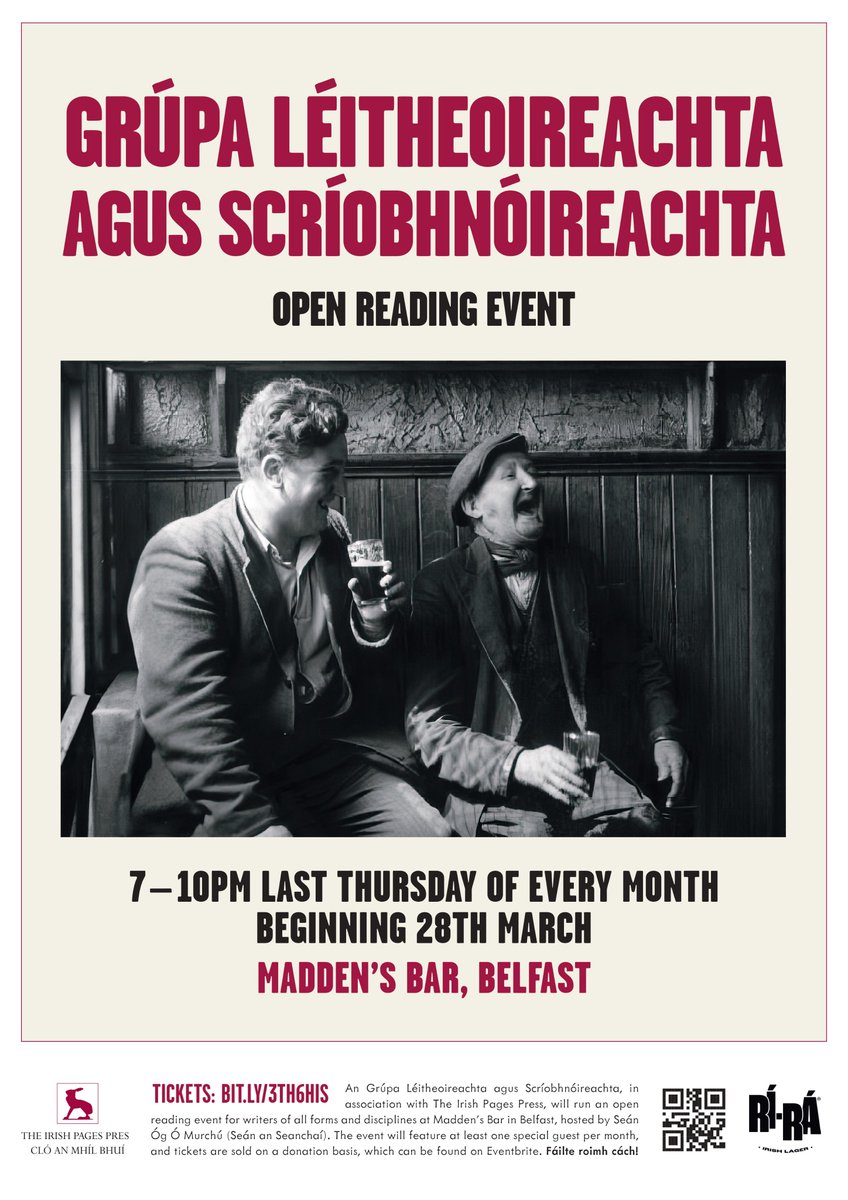 Glad to confirm that on the last Thursday of every month, beginning March 28th, we & An Grúpa Léitheoireachta agus Scríobhnóireachta will host an open reading at @MaddensBarBelfa! Free entry, with at least one featured act per month 📚 eventbrite.com/e/grupa-leithe… @IrishLitTimes