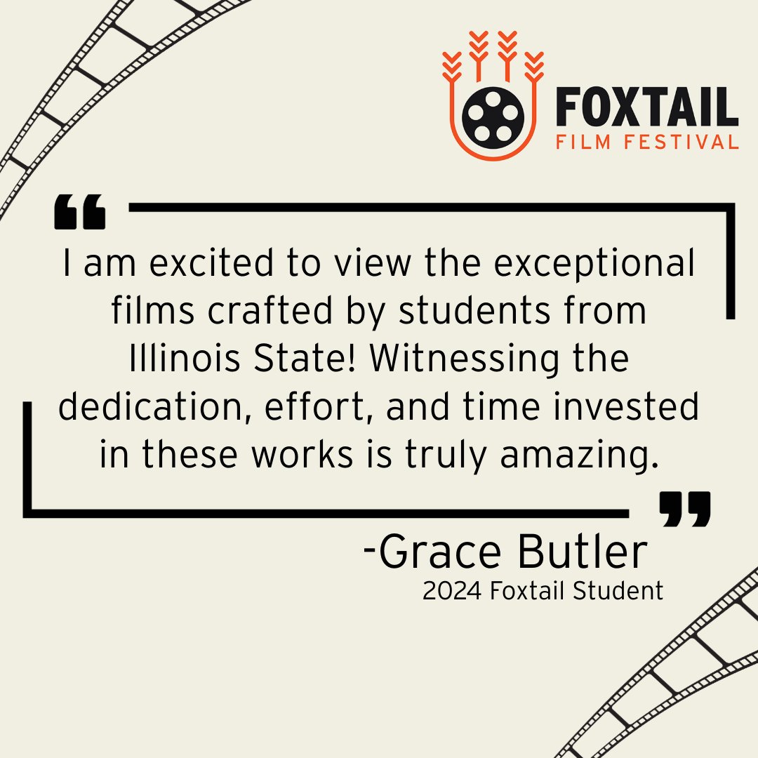 Our class has already started to view the great films submitted to our festival! Join us on April 25-28 to view these films at the Normal Theater🍿

#FoxtailFilmFestival #FilmFestival #ShortFilms #NormalTheater #Quote #IllinoisStateUniversity #SchoolofCommunication