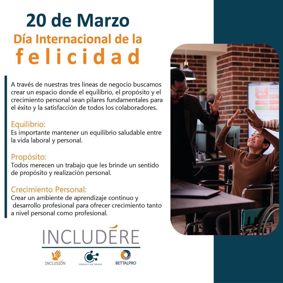 Includere2's tweet photo. Hoy celebramos la alegría, la gratitud y la conexión que nos une a todos como seres humanos. En Includère creemos que la felicidad es más que una emoción; es un estado de ánimo que impulsa el éxito y la realización personal. 
#DíaInternacionalDeLaFelicidad  #BienestarLaboral https://t.co/kCQXecRQ2W