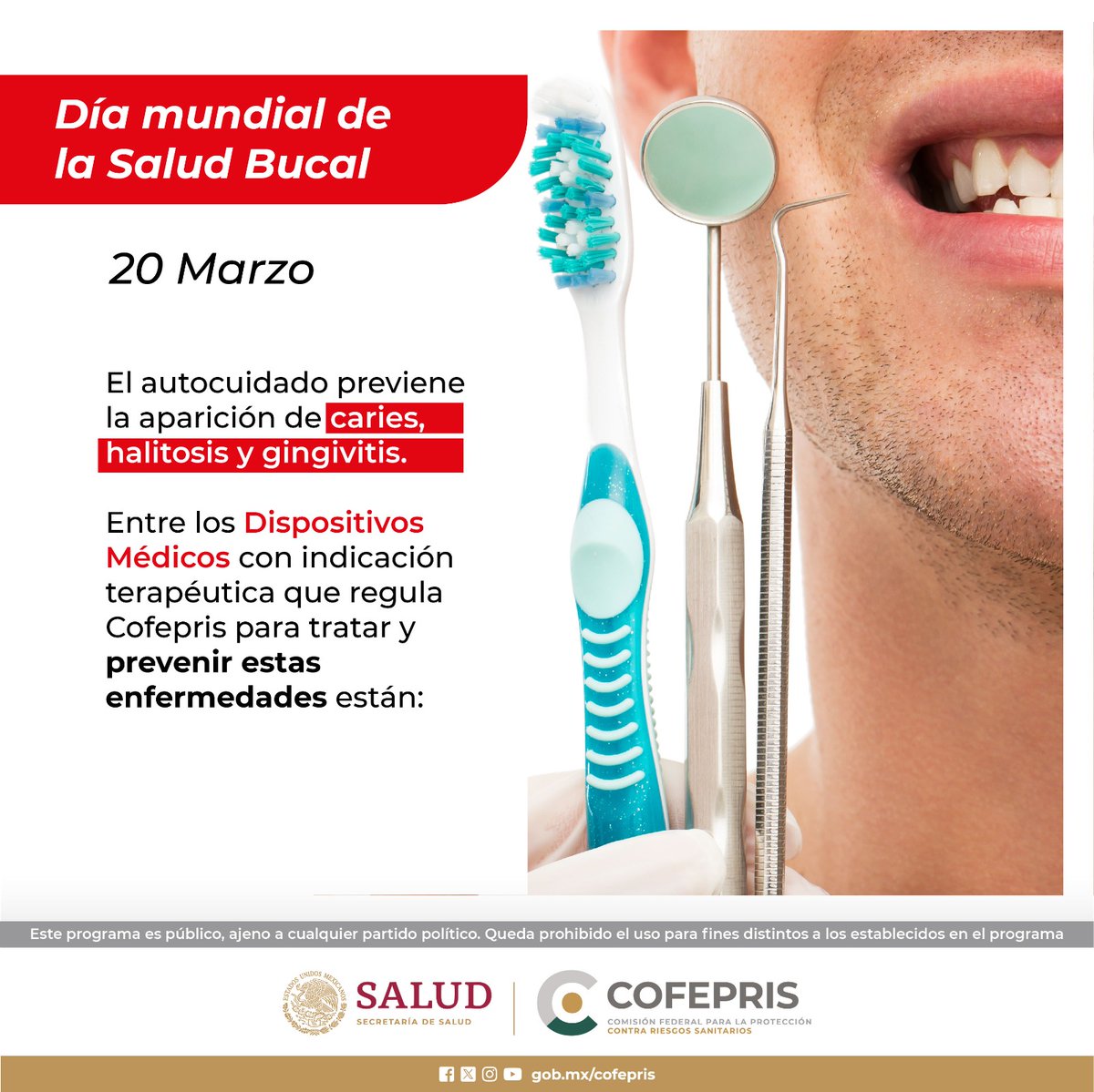En el #DíaMundialdelaSaludBucal #CofeprisInforma sobre los #DispositivosMédicos regulados🪥🦷.

La <a href="/opsoms/">OPS/OMS</a> señala que las enfermedades bucales de mayor prevalencia son la caries dental y la enfermedad periodontal, la causa suele ser la mala higiene oral.