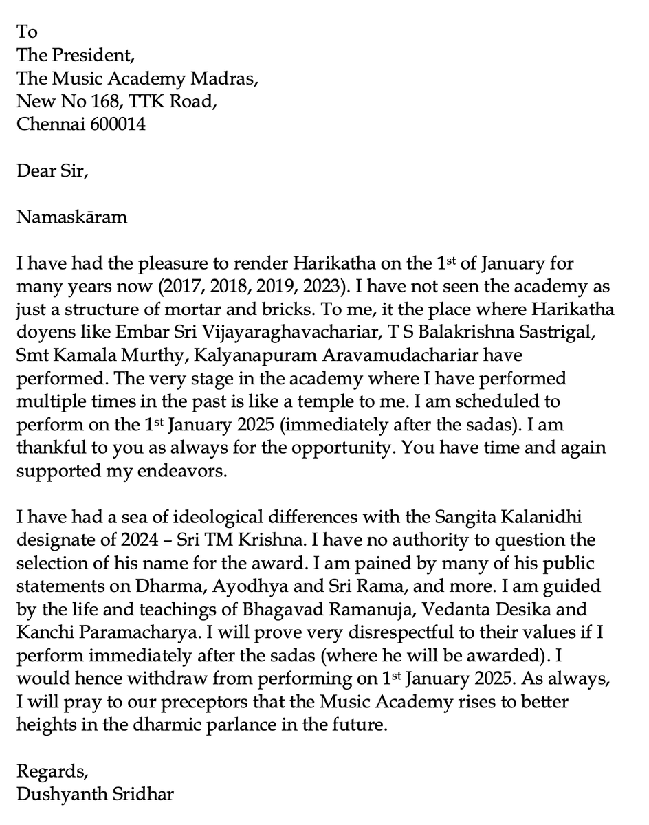 dushyanthsridar's tweet photo. #Astikas - I have conveyed to the Madras Music Academy that I will not be performing on the 1st January 2025 (after the sadas). Below is a copy of the letter drafted to them. https://t.co/MRx9b8Z6qR