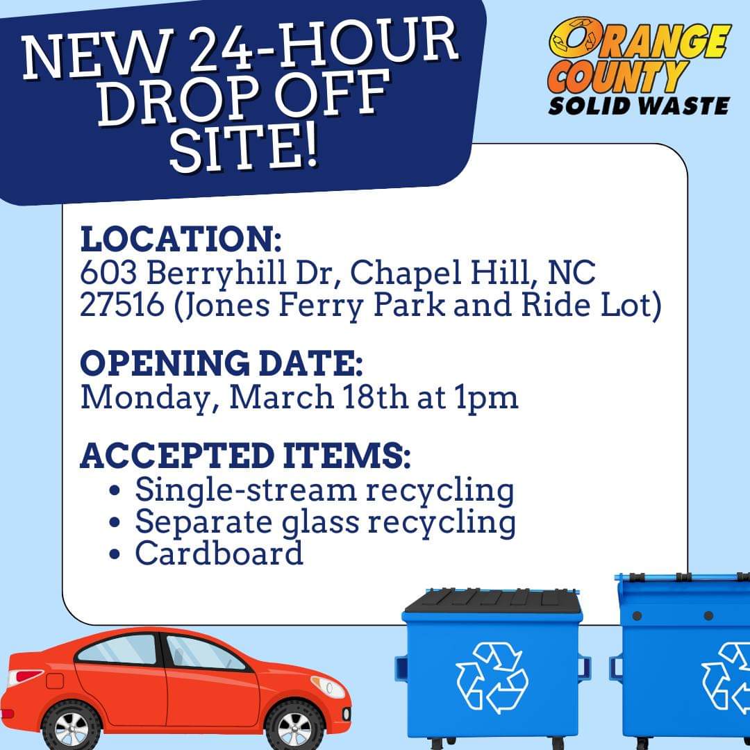 NOW OPEN ♻️ If you have items that need recycling, you may now drop them off at the new recycling drop-off site right near University Lake. To learn more about accepted items, please visit orangecountync.gov/1011/24-Hour-R…!